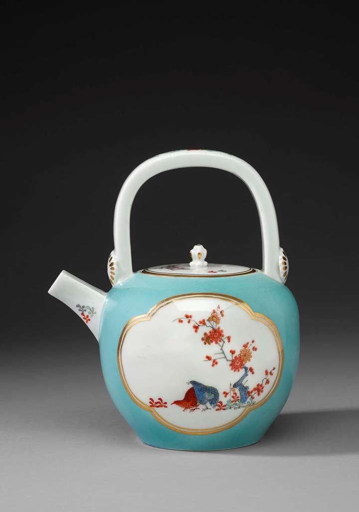 A turquoise ground kettle shaped teapot with 'Two Quails' pattern in the style of the Japanese Sakaida Kakiemon manufactory